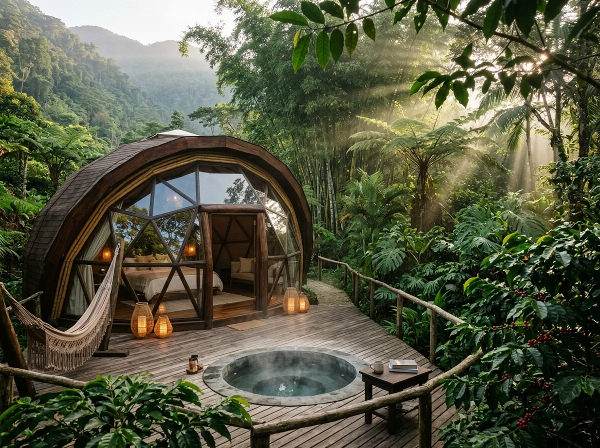Domo Bosque glamping biophilic en Colombia - Alojamiento geodésico inmerso entre guadua, helechos arborescentes y cafetales