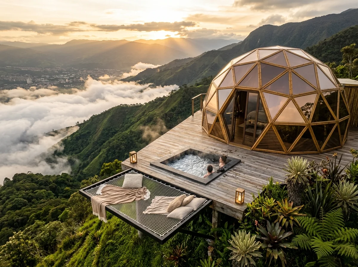 Domo Cielo glamping VIP en Pereira Eje Cafetero - Terraza panorámica con jacuzzi de piedra, malla catamarán y vista a la cordillera