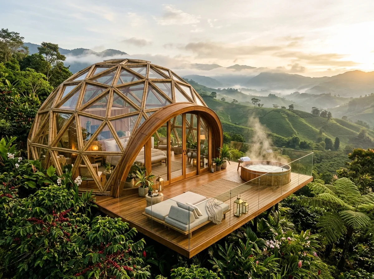 Domo Origen glamping de lujo en Pereira Eje Cafetero - Domo geodésico con jacuzzi privado en terraza de madera y vista a cafetales