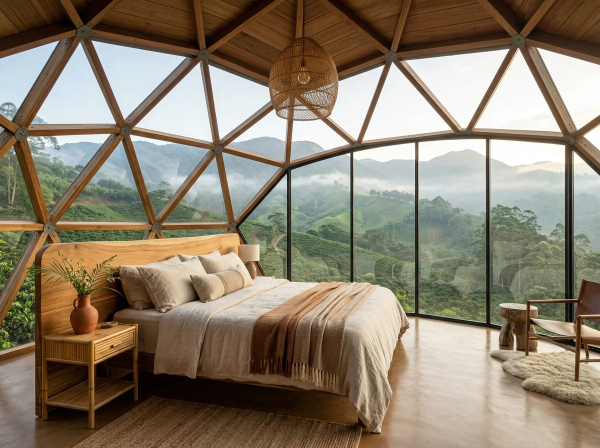 Interior de suite en domo geodésico con cama King y vista panorámica al paisaje cafetero