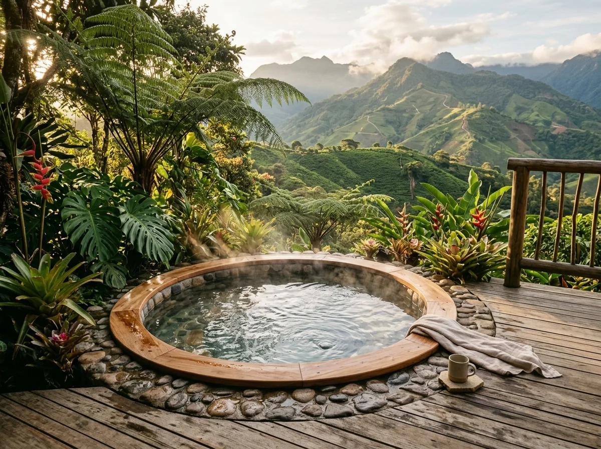 Jacuzzi privado climatizado en piedra natural rodeado de vegetación andina y cafetales