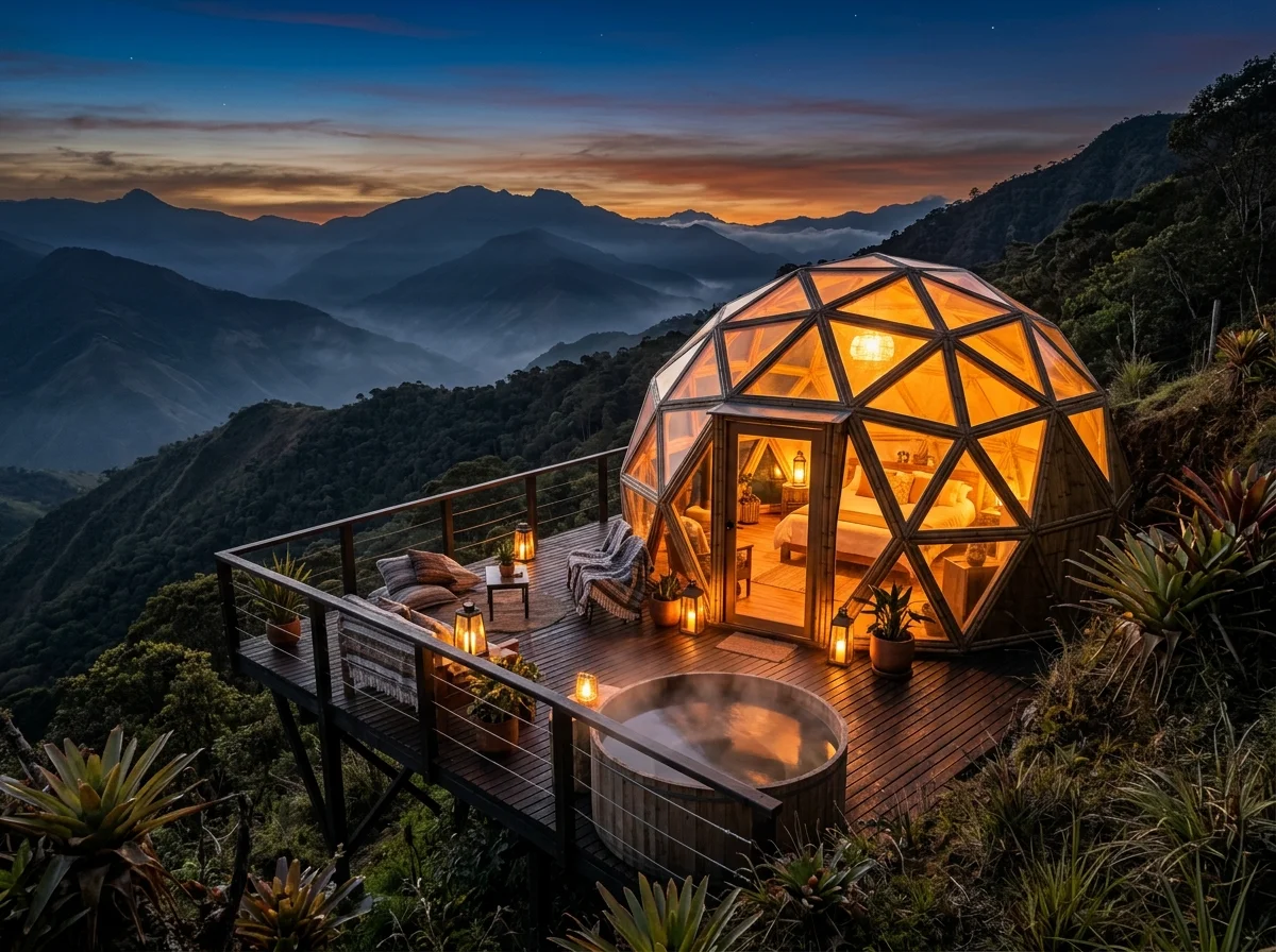 Domo geodésico biophilic con iluminación cálida al atardecer en las montañas del Eje Cafetero