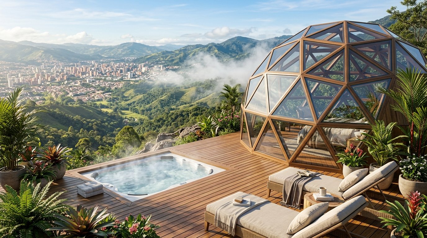 Vista panorámica de día hacia la ciudad de Pereira desde domo glamping de lujo