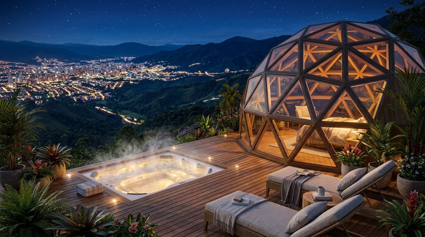 Vista nocturna iluminada hacia la ciudad de Pereira desde terraza de domo glamping de lujo con jacuzzi